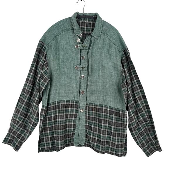 Lagenlook Button Down Shirt Womens 2XL Mens XL Green Unisex Hippie Hobbitcore - Picture 1 of 12